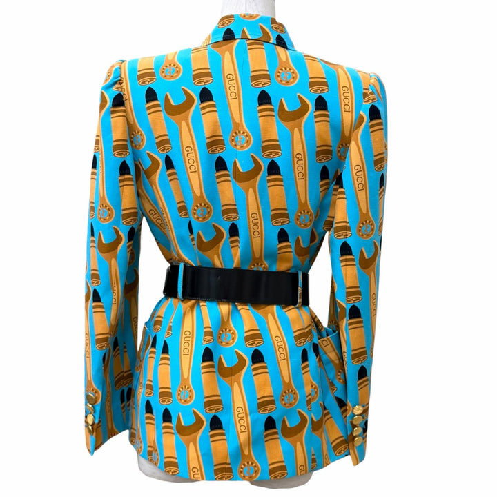 極美品★GUCCI グッチ 740422 シルク混 ベルト付 リップ 総ロゴデザイン ダブルブレストジャケット ブルー 38 イタリア製 正規品