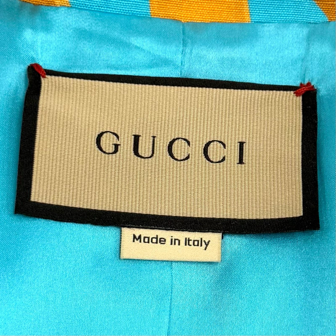 極美品★GUCCI グッチ 740422 シルク混 ベルト付 リップ 総ロゴデザイン ダブルブレストジャケット ブルー 38 イタリア製 正規品