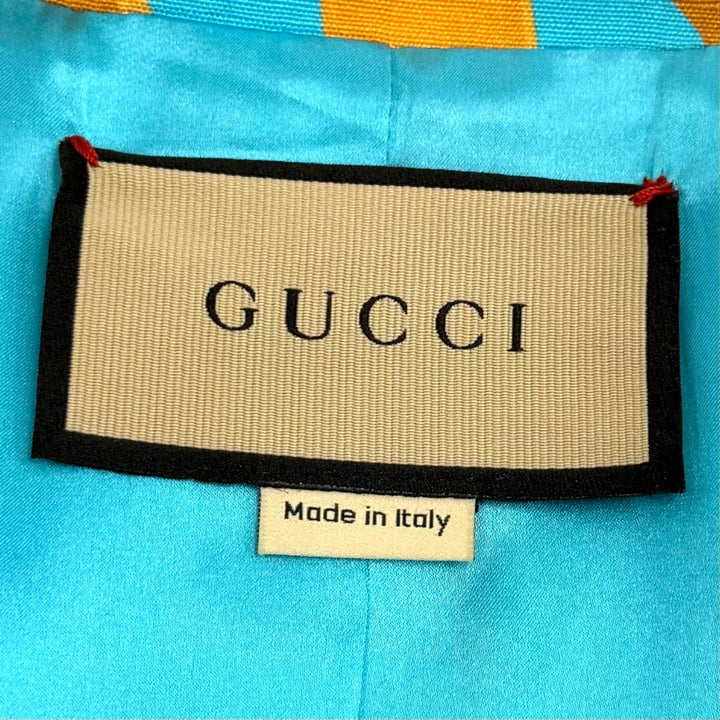極美品★GUCCI グッチ 740422 シルク混 ベルト付 リップ 総ロゴデザイン ダブルブレストジャケット ブルー 38 イタリア製 正規品