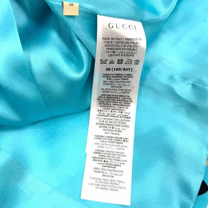 極美品★GUCCI グッチ 740422 シルク混 ベルト付 リップ 総ロゴデザイン ダブルブレストジャケット ブルー 38 イタリア製 正規品