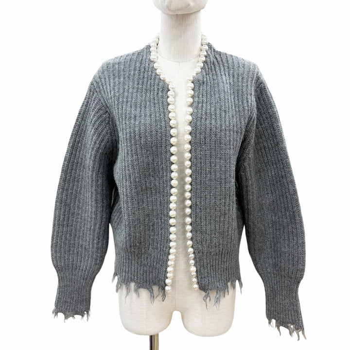極美品◇MADISONBLUE マディソンブルー 22AW ウール100％ PEARL DAMAGE CD BRITISH WOOL パール付 ダメージ加工 カーディガン 00 正規品