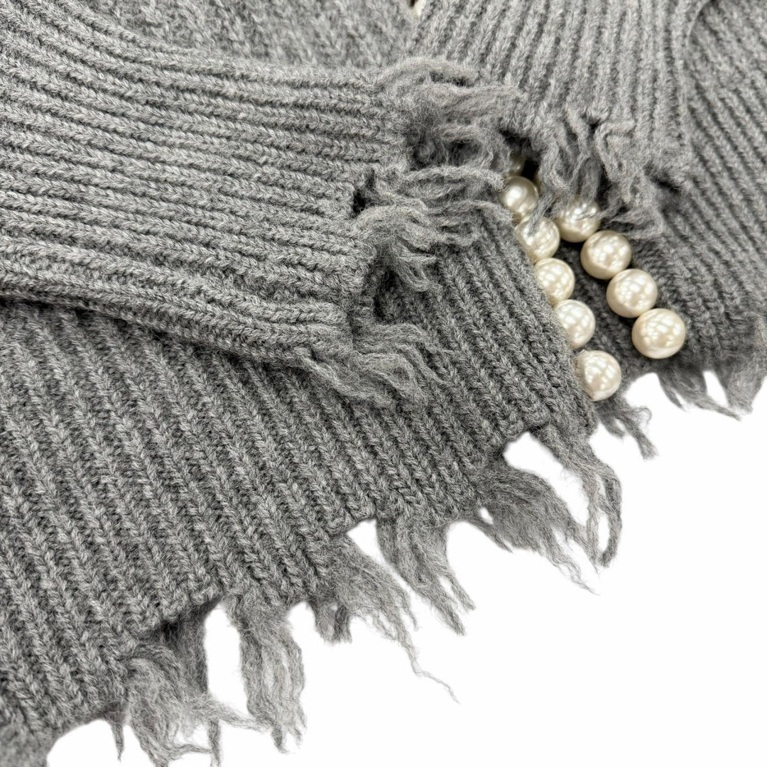 極美品◇MADISONBLUE マディソンブルー 22AW ウール100％ PEARL DAMAGE CD BRITISH WOOL パール付 ダメージ加工 カーディガン 00 正規品