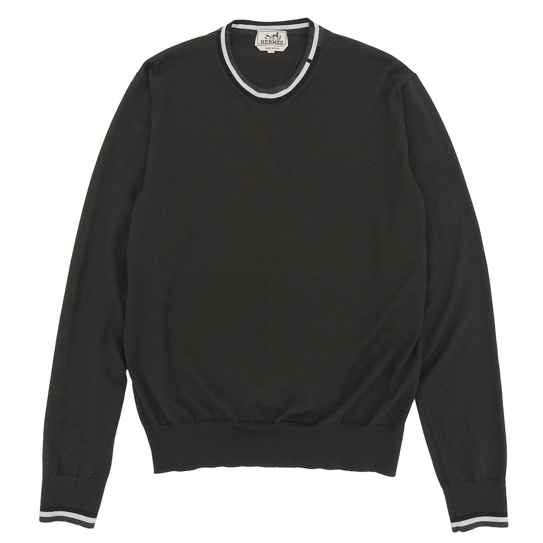 極美品▲HERMES エルメス 2024年製 467015HA カシミヤ シルク クルーネック ハイゲージニット セーター グリーン S 伊製 正規品 メンズ