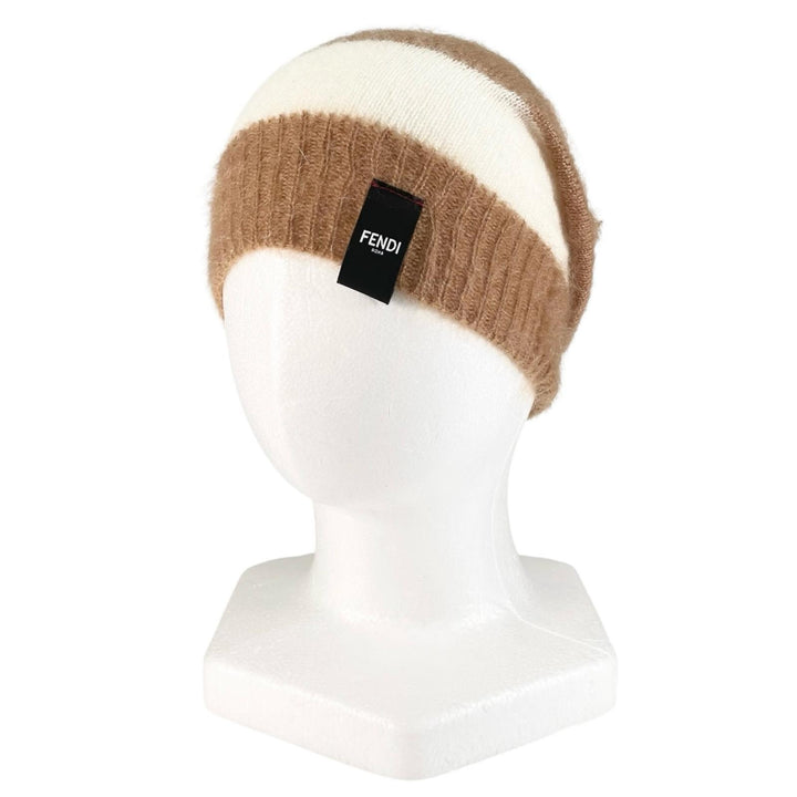 極美品▲FENDI フェンディ FXQ107 モヘア シルク ロゴパッチ ボーダー ニットキャップ ブラウン ホワイト イタリア製 正規品 レディース