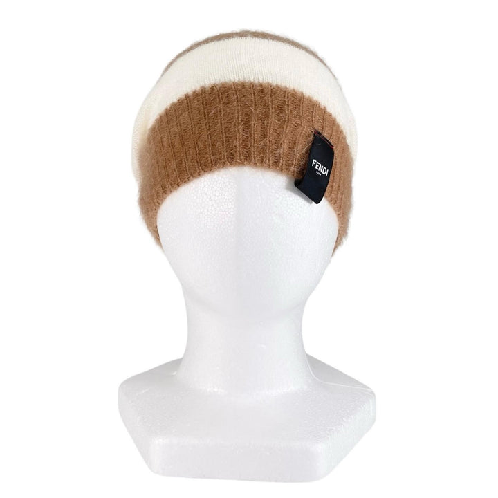 極美品▲FENDI フェンディ FXQ107 モヘア シルク ロゴパッチ ボーダー ニットキャップ ブラウン ホワイト イタリア製 正規品 レディース