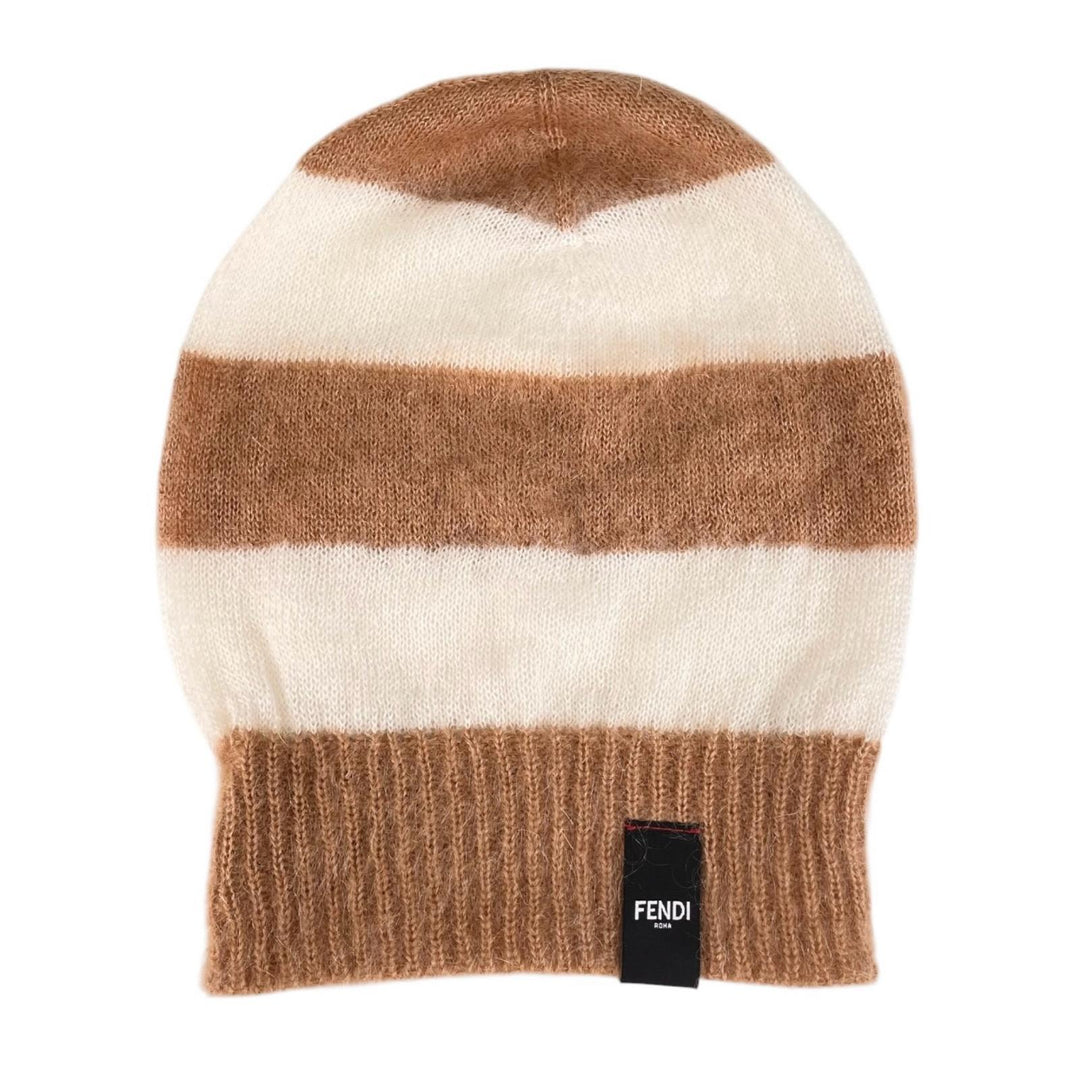 極美品▲FENDI フェンディ FXQ107 モヘア シルク ロゴパッチ ボーダー ニットキャップ ブラウン ホワイト イタリア製 正規品 レディース