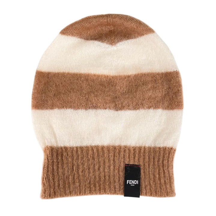 極美品▲FENDI フェンディ FXQ107 モヘア シルク ロゴパッチ ボーダー ニットキャップ ブラウン ホワイト イタリア製 正規品 レディース