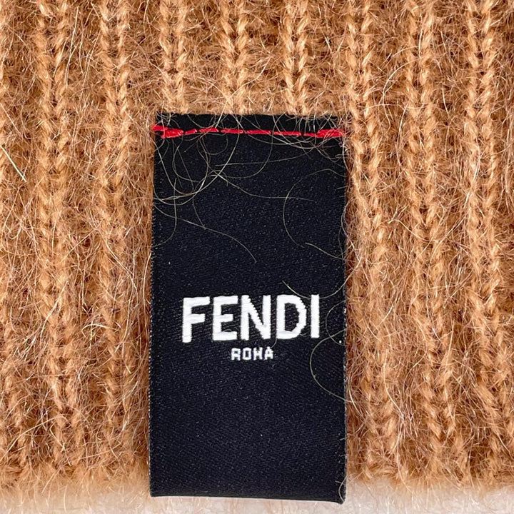 極美品▲FENDI フェンディ FXQ107 モヘア シルク ロゴパッチ ボーダー ニットキャップ ブラウン ホワイト イタリア製 正規品 レディース