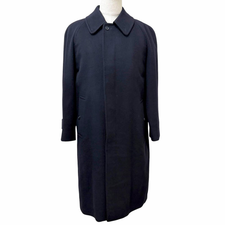 極美品□Burberrys バーバリー ヴィンテージ カシミヤ100％ 裏地ロゴ総柄 フライフロント ステンカラーコート 紺 Lサイズ相当 英国製