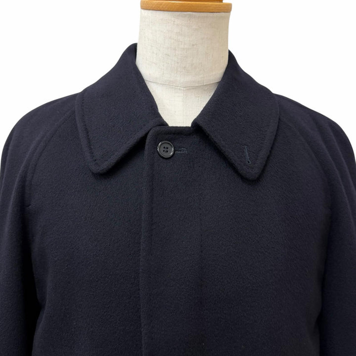 極美品□Burberrys バーバリー ヴィンテージ カシミヤ100％ 裏地ロゴ総柄 フライフロント ステンカラーコート 紺 Lサイズ相当 英国製