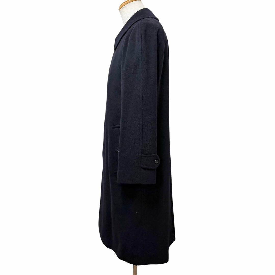 極美品□Burberrys バーバリー ヴィンテージ カシミヤ100％ 裏地ロゴ総柄 フライフロント ステンカラーコート 紺 Lサイズ相当 英国製