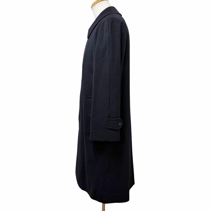 極美品□Burberrys バーバリー ヴィンテージ カシミヤ100％ 裏地ロゴ総柄 フライフロント ステンカラーコート 紺 Lサイズ相当 英国製