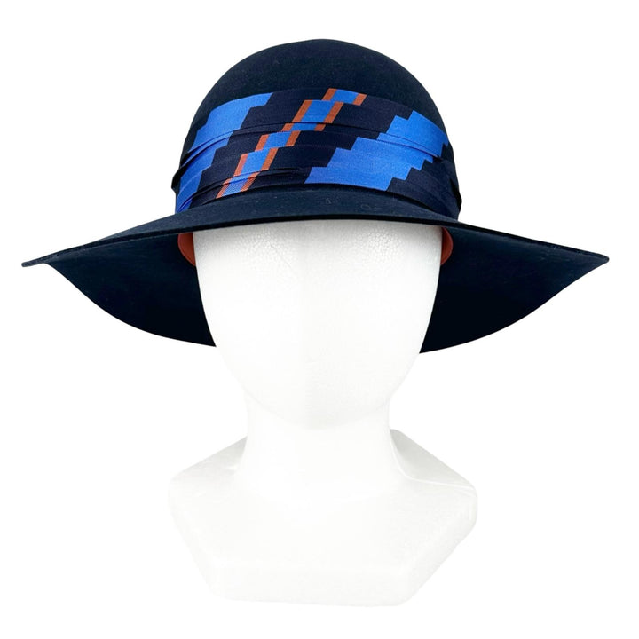 極美品▲HERMES エルメス ウール100% シルク スカーフリボン ラパンフェルト ハット ネイビー 58 イタリア製 正規品 レディース 保存袋付き