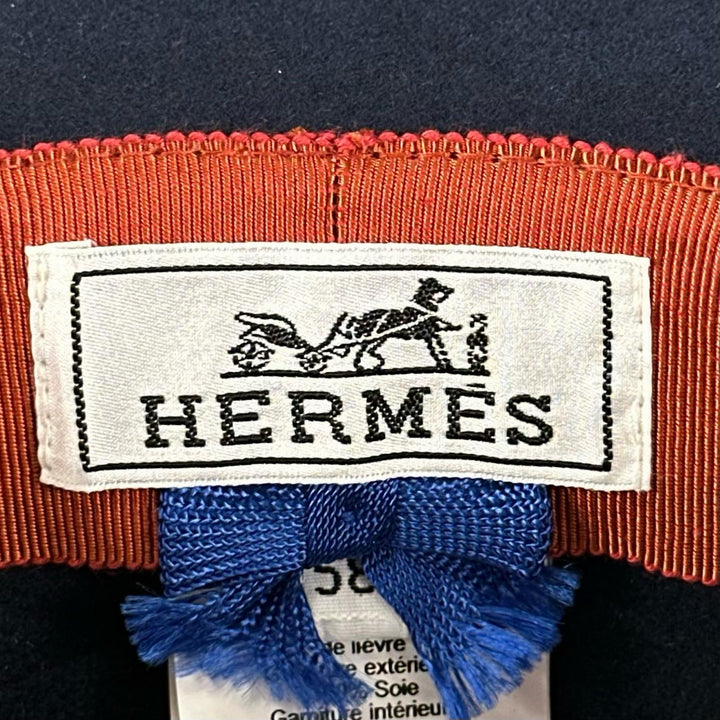 極美品▲HERMES エルメス ウール100% シルク スカーフリボン ラパンフェルト ハット ネイビー 58 イタリア製 正規品 レディース 保存袋付き