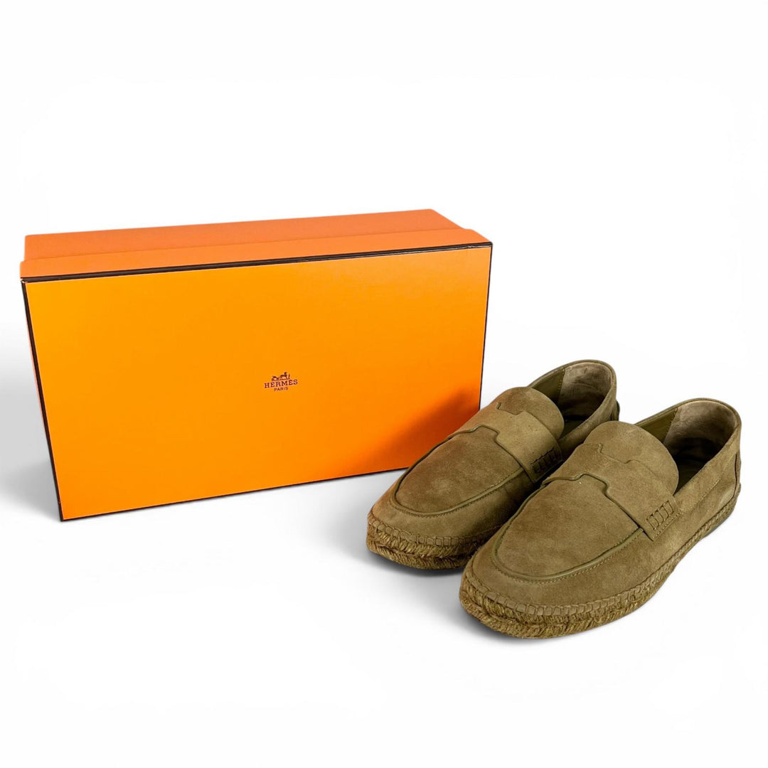 美品▲HERMES エルメス 21SS 211874 トリップ スウェードレザー Hロゴ エスパドリーユ スリッポン カーキ 41 スペイン製 メンズ 箱付き