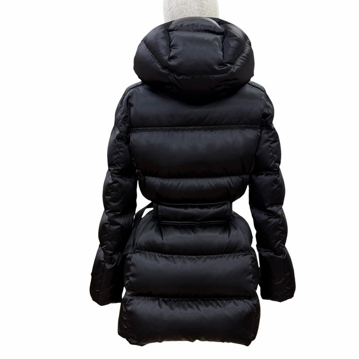 美品☆PRADA プラダ 20AW 29P277 ロゴバックルベルト ラムファー使い ZIP UP ダウンコート ブラック 38 イタリア製 正規品 レディース