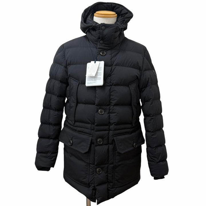 未使用品□MONCLER モンクレール REIMS GIUBBOTTO レザーロゴワッペン フーデッド ダウンジャケット ブラック 1 正規品 ハンガー付き
