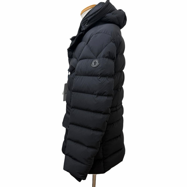 未使用品□MONCLER モンクレール REIMS GIUBBOTTO レザーロゴワッペン フーデッド ダウンジャケット ブラック 1 正規品 ハンガー付き