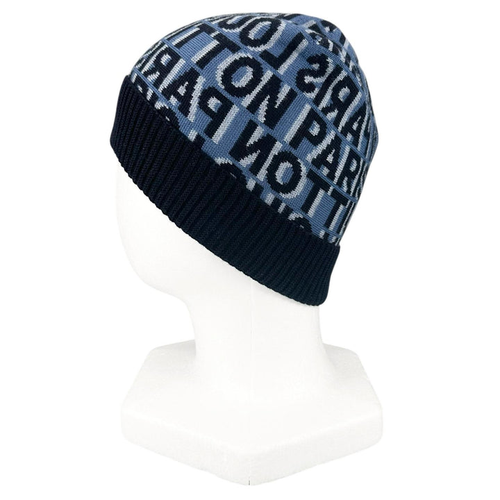 極美品▲LOUIS VUITTON ルイヴィトン M70538 ウール100％ 総柄 ビーニー ニットキャップ ダークネイビー ブルー イタリア製 メンズ