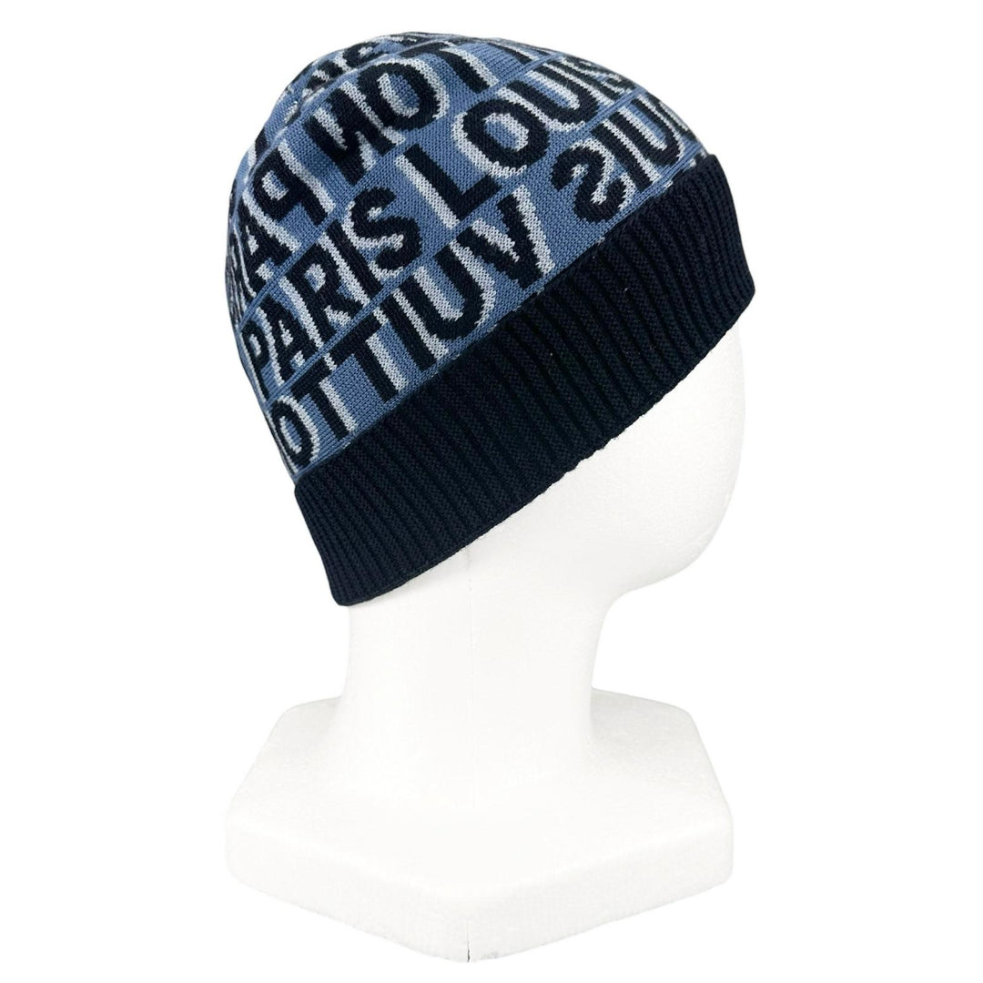 極美品▲LOUIS VUITTON ルイヴィトン M70538 ウール100％ 総柄 ビーニー ニットキャップ ダークネイビー ブルー イタリア製 メンズ
