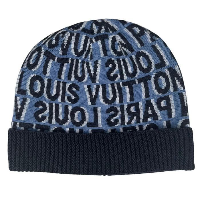 極美品▲LOUIS VUITTON ルイヴィトン M70538 ウール100％ 総柄 ビーニー ニットキャップ ダークネイビー ブルー イタリア製 メンズ