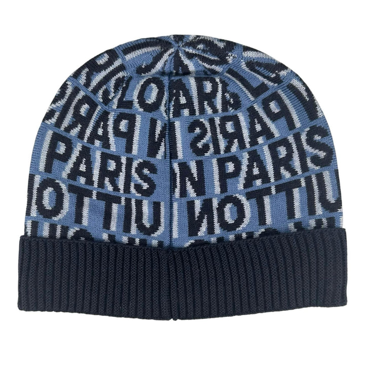 極美品▲LOUIS VUITTON ルイヴィトン M70538 ウール100％ 総柄 ビーニー ニットキャップ ダークネイビー ブルー イタリア製 メンズ