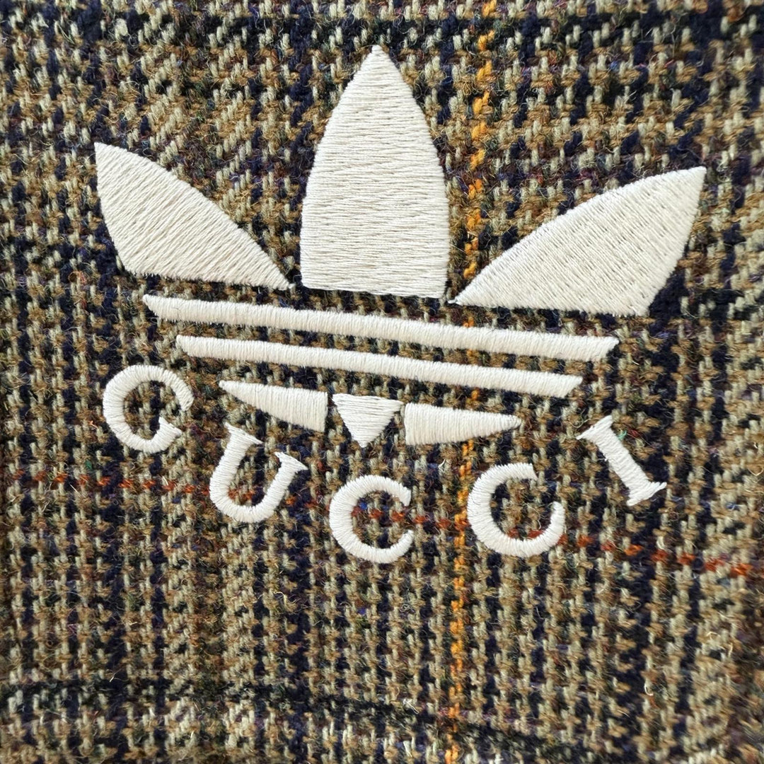 未使用品▼GUCCI adidas グッチ アディダス 710398 チェック柄 ロゴ金ボタン ノーカラーコート 48 正規品 ガーメント・ハンガー付き