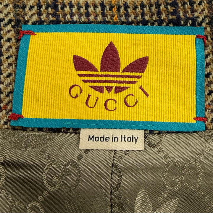 未使用品▼GUCCI adidas グッチ アディダス 710398 チェック柄 ロゴ金ボタン ノーカラーコート 48 正規品 ガーメント・ハンガー付き