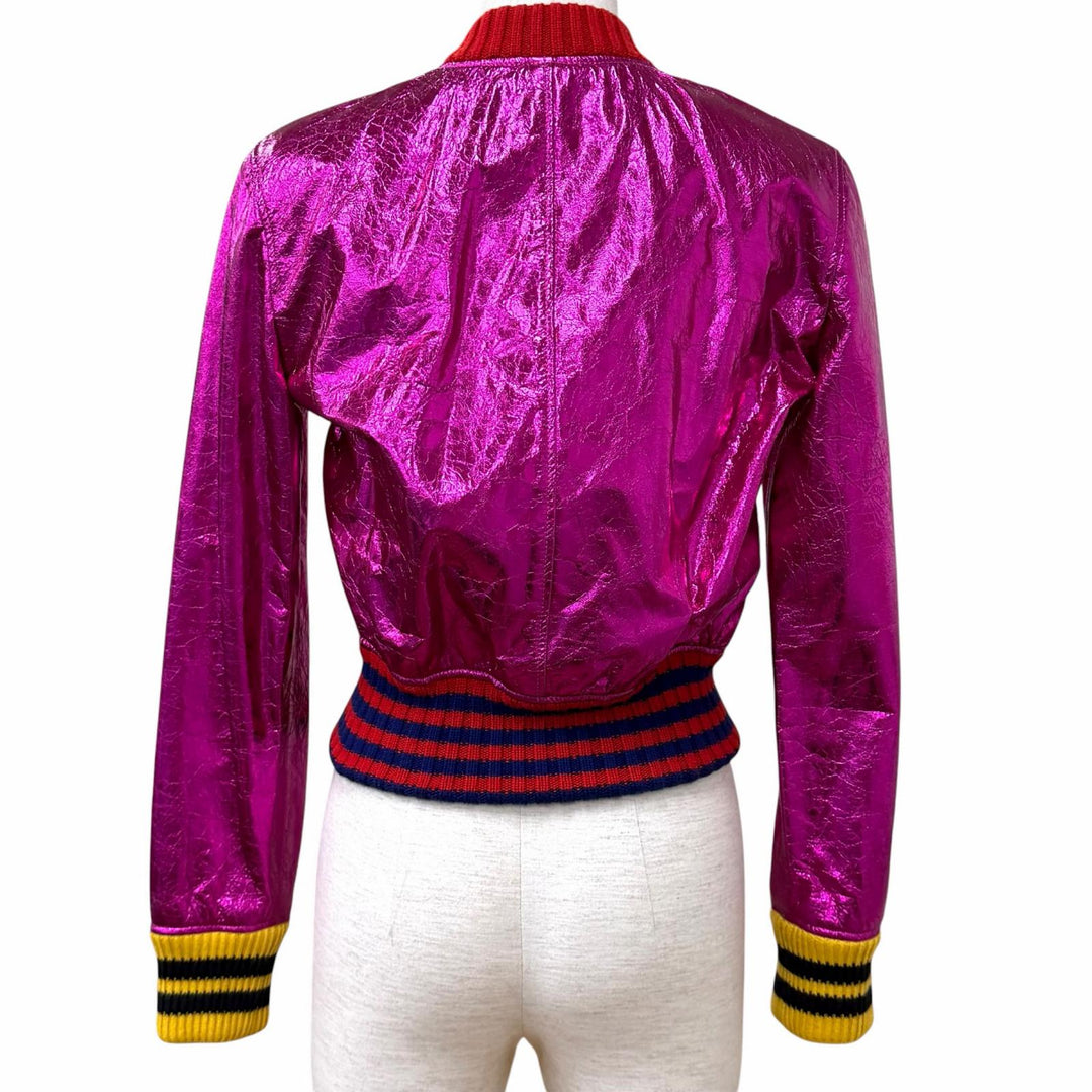 極美品★GUCCI グッチ 481483 ロゴZIP メタリック ラムレザー ボンバージャケット ピンク 36 イタリア製 正規品 レディース ハンガー付