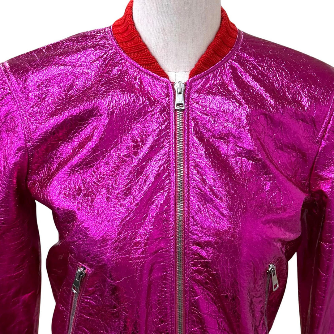 極美品★GUCCI グッチ 481483 ロゴZIP メタリック ラムレザー ボンバージャケット ピンク 36 イタリア製 正規品 レディース ハンガー付