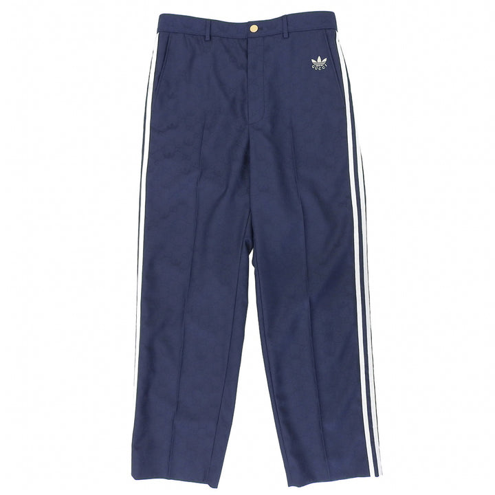 未使用品▲GUCCI adidas グッチ アディダス 710399 GGロゴ総柄 トレフォイルジャカード スラックス パンツ ネイビー 50 正規品 メンズ