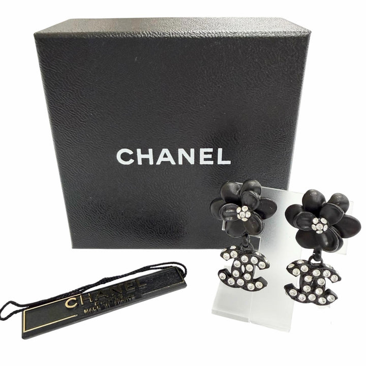 美品△CHANEL シャネル ヴィンテージ 02A カメリア ココマーク ラインストーン ピアス 両耳用 ブラック フランス製 レディース 箱付き