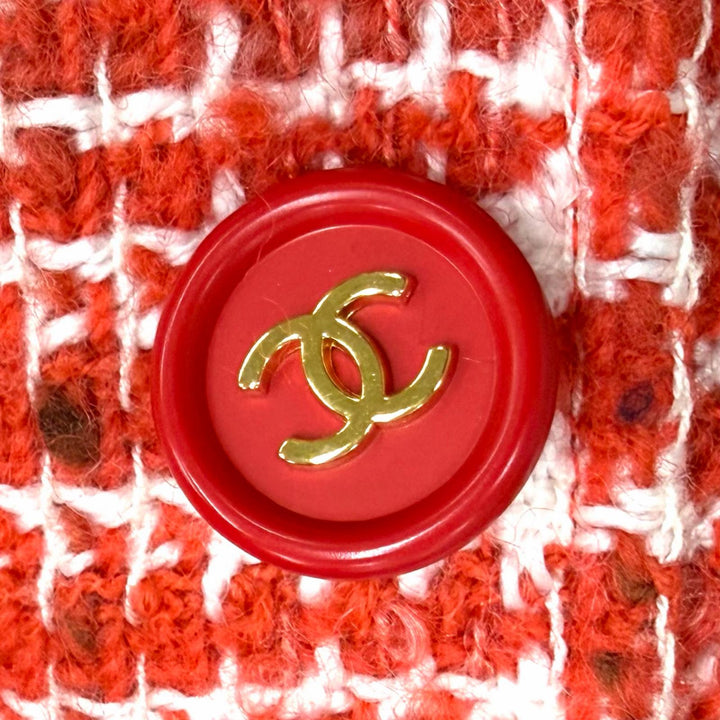 極美品★CHANEL シャネル ヴィンテージ 97P P07620 ウール モヘア混 ココマークボタン ツイードコート レッド系 ホワイト 36 正規品