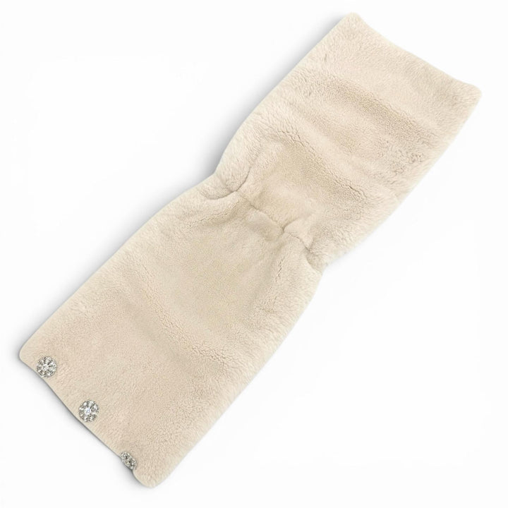 極美品★FOXEY フォクシー 39026 Jewel Snood カシミヤ100％ クリスタルボタン ヌートリアファー スヌード ライトベージュ F 正規品 箱付