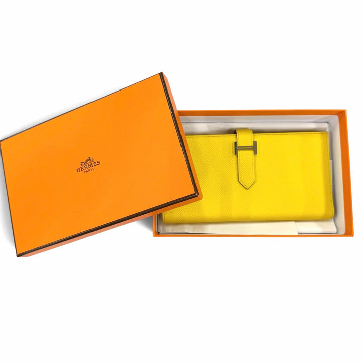 美品☆HERMES エルメス ベアンスフレ ヴォーエプソン ジョーヌナプル シルバー金具 ロングウォレット 長財布 B刻印 フランス製 箱付き
