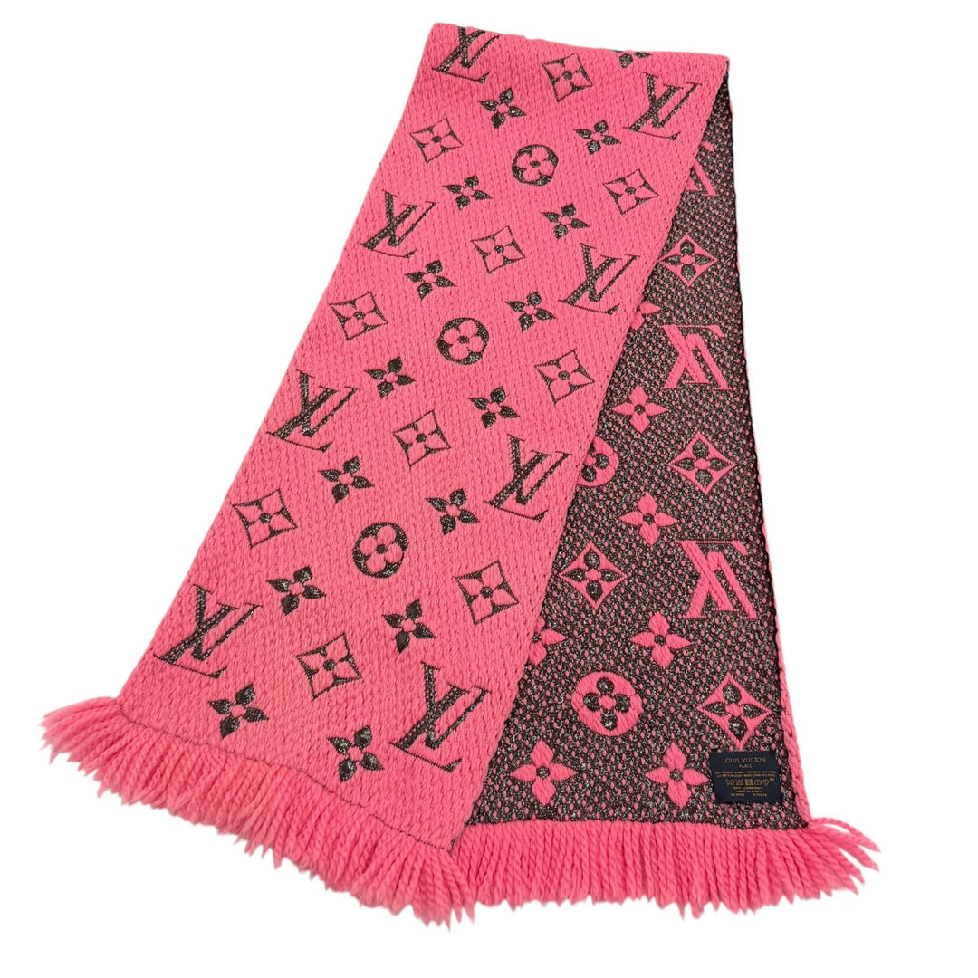 良品★LOUIS VUITTON ルイヴィトン M76070 エシャルプ ロゴマニア シャイン バージンウール シルク混 ローズポップ フリンジ マフラー