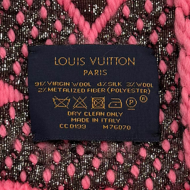 良品★LOUIS VUITTON ルイヴィトン M76070 エシャルプ ロゴマニア シャイン バージンウール シルク混 ローズポップ フリンジ マフラー