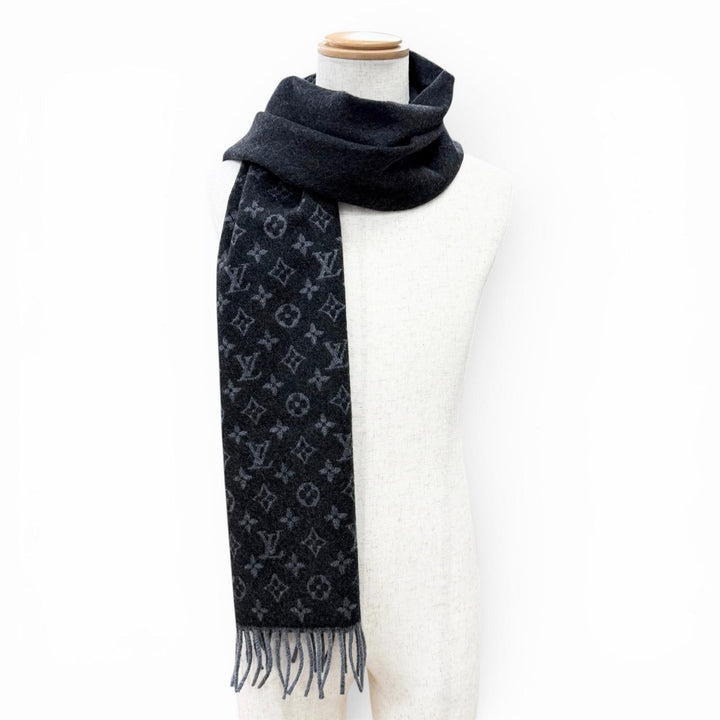 極美品△LOUIS VUITTON ルイヴィトン 2021年製 M71607 エシャルプ モノグラム グラディエント カシミヤ ウール マフラー ブラック 正規品