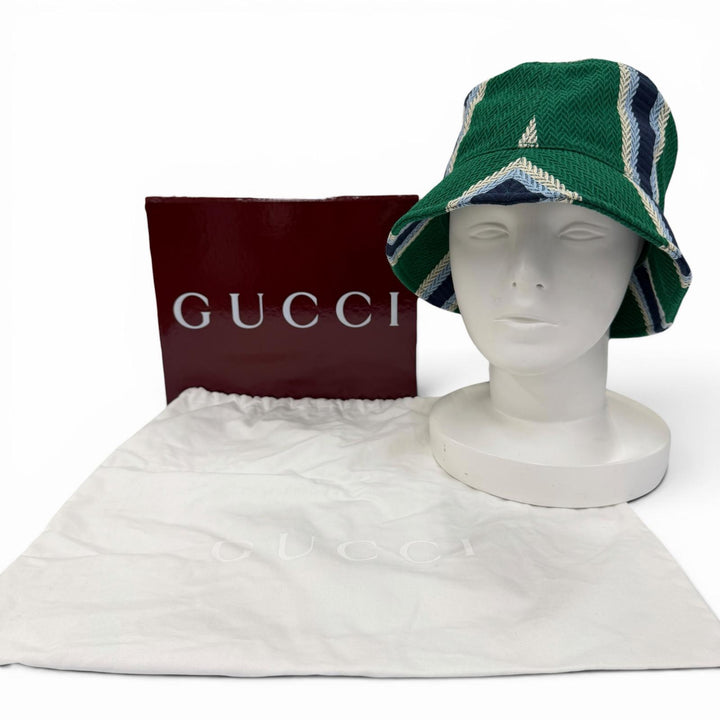 未使用品☆GUCCI グッチ 832064 コットン ロゴ刺繍 ヘリンボーン柄 バケット ハット グリーン系 L イタリア製 正規品 レディース 箱付き