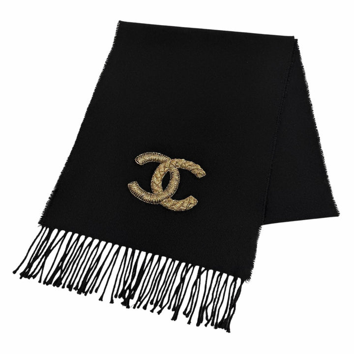美品★CHANEL シャネル ウール カシミヤ混 ココマーク フリンジ付 ストール マフラー ブラック ゴールド イタリア製 レディース