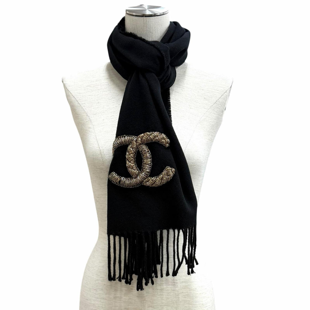 美品★CHANEL シャネル ウール カシミヤ混 ココマーク フリンジ付 ストール マフラー ブラック ゴールド イタリア製 レディース