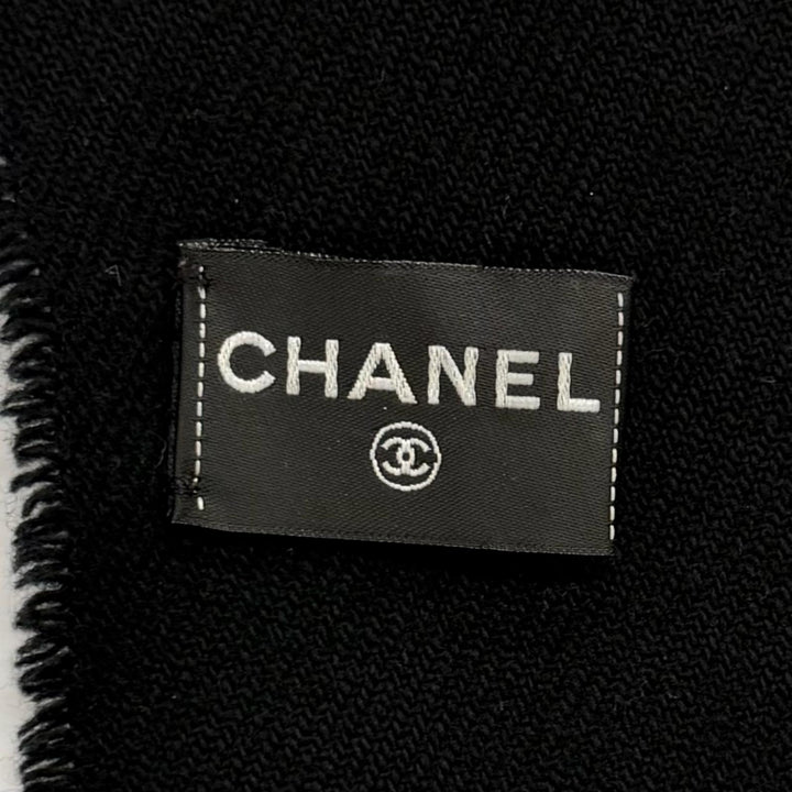 美品★CHANEL シャネル ウール カシミヤ混 ココマーク フリンジ付 ストール マフラー ブラック ゴールド イタリア製 レディース