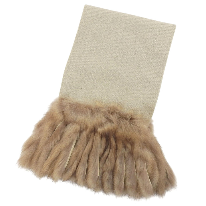 美品▲FOXEY フォクシー 18491 カシミヤ100% セーブル SABLE フリンジ マフラー 本毛皮ショール ベージュ F 日本製 正規品 レディース