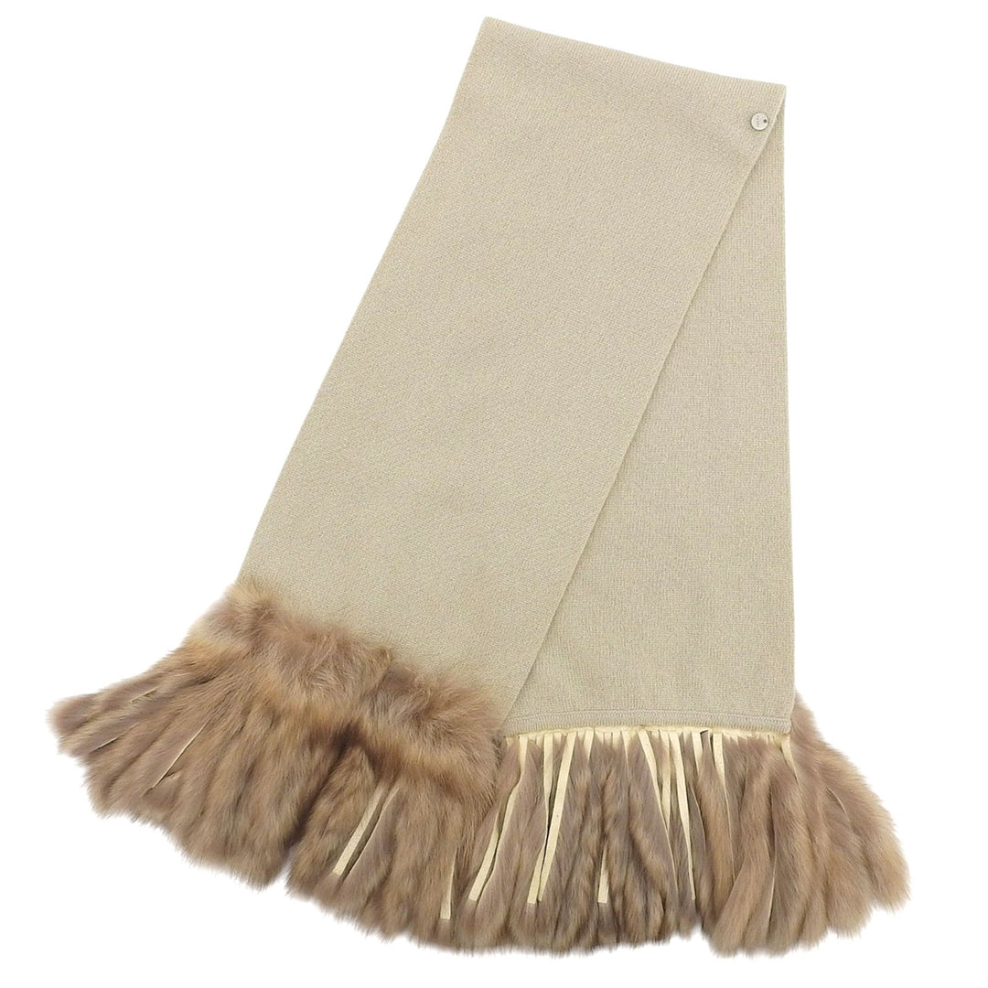美品▲FOXEY フォクシー 18491 カシミヤ100% セーブル SABLE フリンジ マフラー 本毛皮ショール ベージュ F 日本製 正規品 レディース