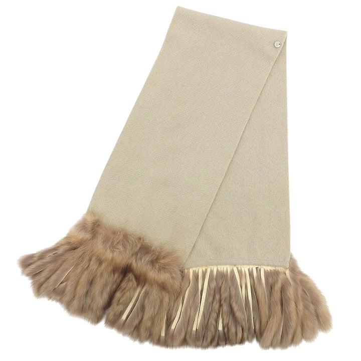 美品▲FOXEY フォクシー 18491 カシミヤ100% セーブル SABLE フリンジ マフラー 本毛皮ショール ベージュ F 日本製 正規品 レディース