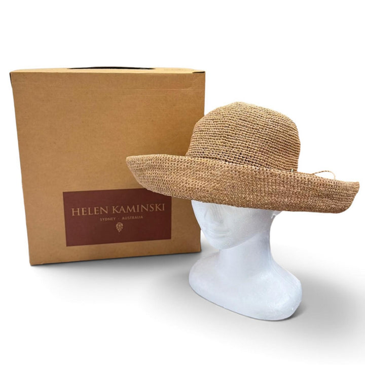 美品▲HELEN KAMINSKI ヘレンカミンスキー ラフィア100% クロッシェ編み リボン 麦わら帽子 ラフィア ハット ナチュラル レディース 箱付き