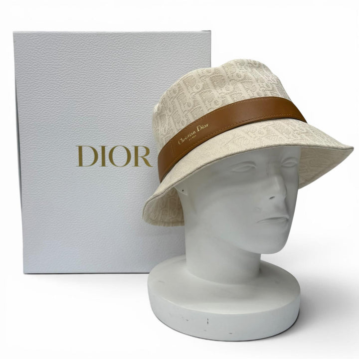 美品★Christian Dior クリスチャンディオール CPB06132ECOB コットン100％ Teddy-D オブリーク ボブハット レザー使い 57 正規品 箱付