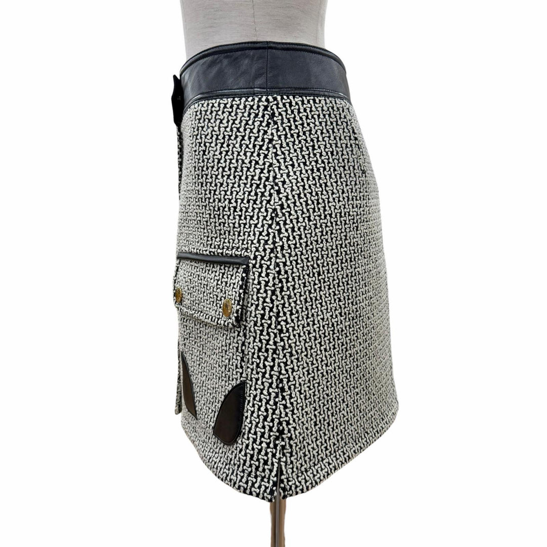 未使用品◇LOUIS VUITTON ルイヴィトン 23AW ウール レザー切替 裏地モノグラム ツイードスカート ブラック ホワイト 36 伊製 正規品