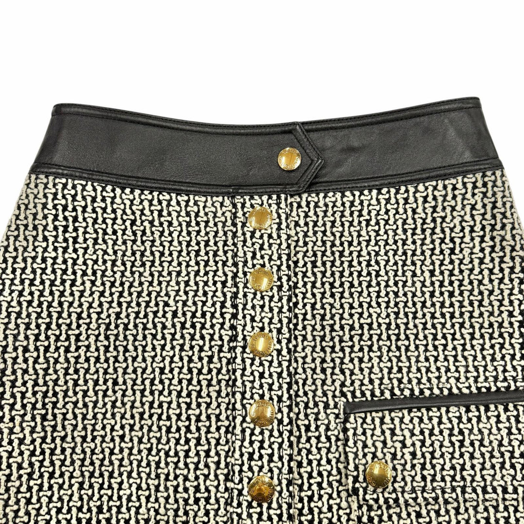未使用品◇LOUIS VUITTON ルイヴィトン 23AW ウール レザー切替 裏地モノグラム ツイードスカート ブラック ホワイト 36 伊製 正規品
