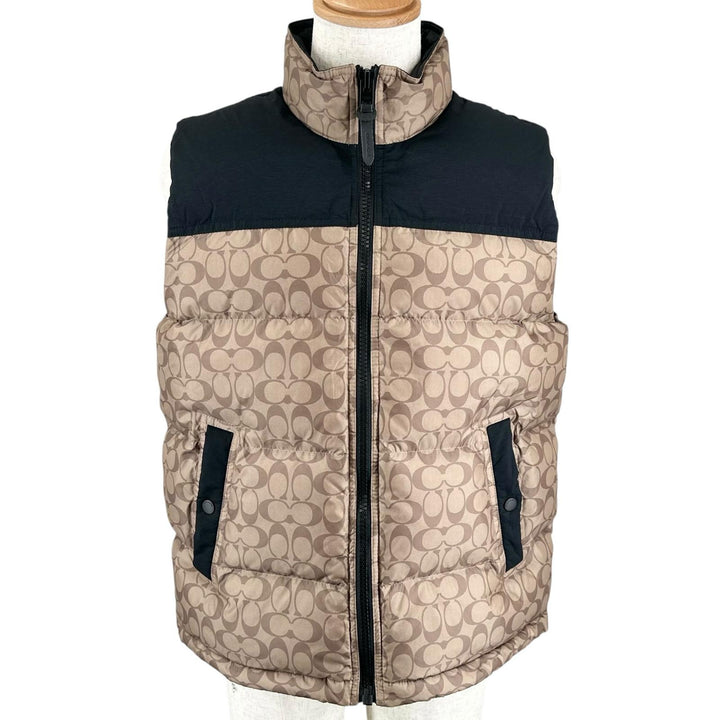 極美品▲COACH コーチ CG625 バイカラー レザー使い ロゴボタン シグネチャー ダウンベスト ベージュ ブラック L 正規品 メンズ